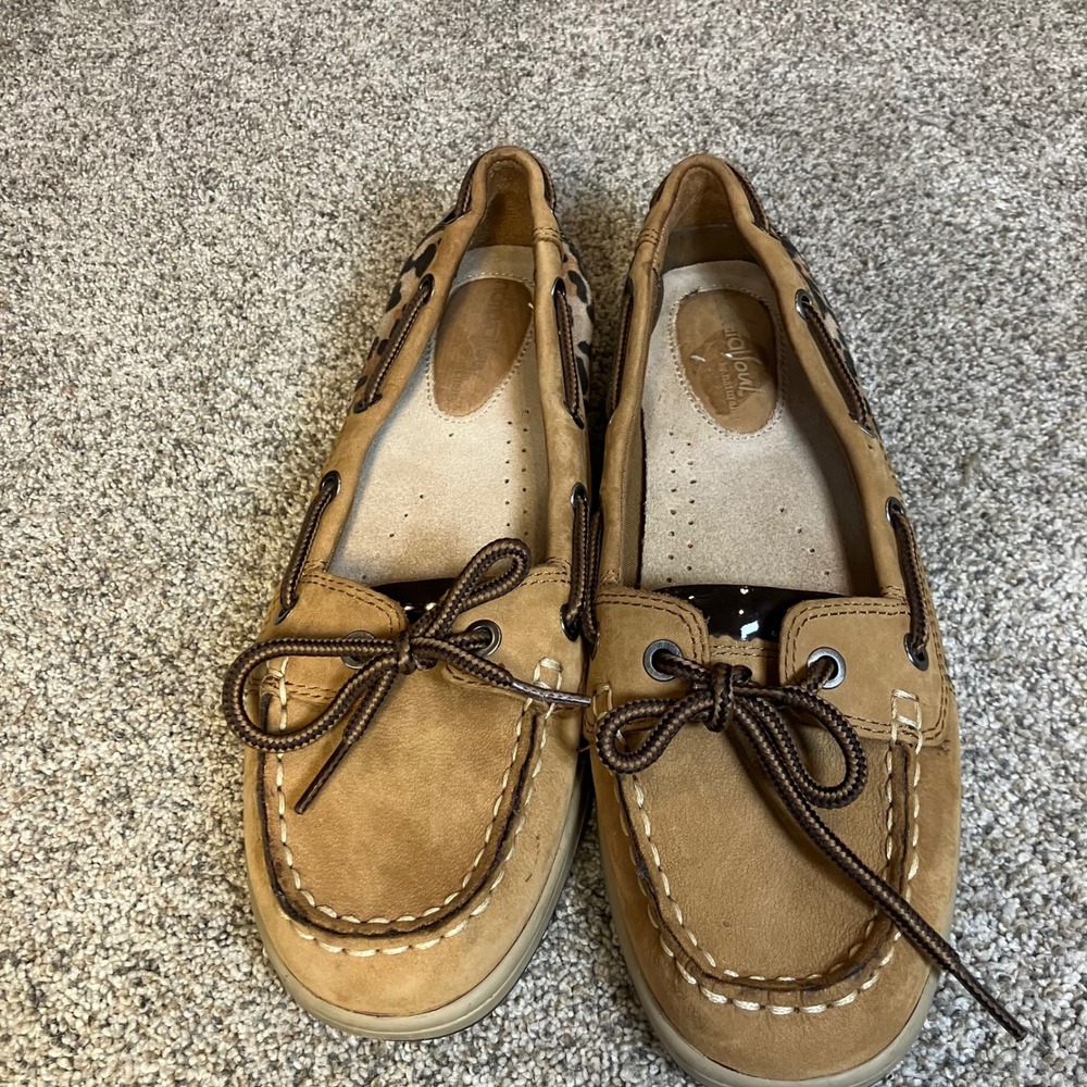 Natural Soul by Naturalizer Womens 8M Tan Suede Leopard Print Boat Shoes Loafers - Picture 2 of 10